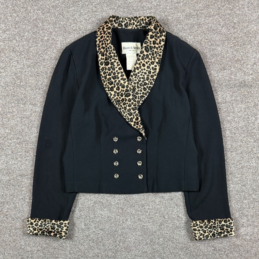 Vintage Leopard Print Shawl Collar Short Black Double Breasted Jacket Women’s M